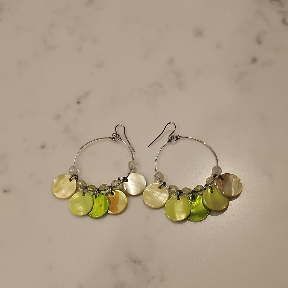 Silver Hoop Earrings with Lime and Cream Shell Discs